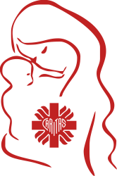 logo domu samotnej matki, obrys matki trzymającej dziecko, a w środku logo caritas